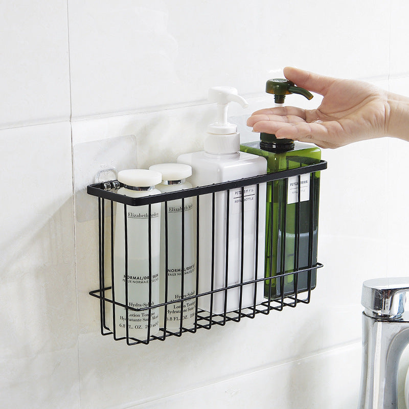 Wrought iron bathroom shelf with a simple black metal design for wall storage