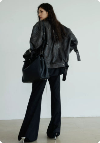 Dark Rock genderless futuristic motorcycle vintage jacket in black leather with structured biker styling