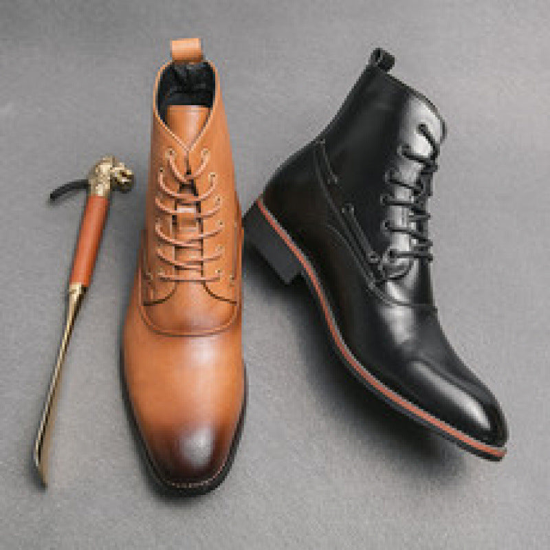 Men's British-style height-increasing pointed-toe leather boots in black, side view