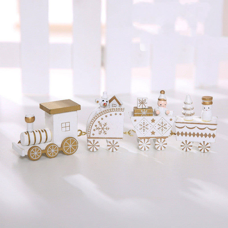 Wooden Christmas train decorations displayed as festive holiday ornaments