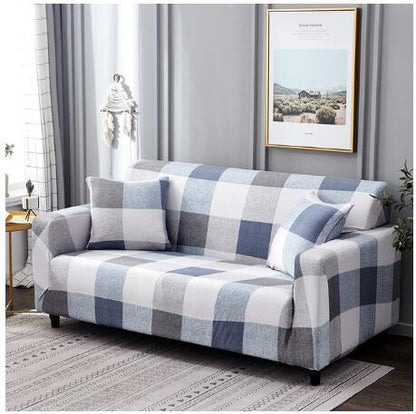 Elastic universal sofa cover in a neutral fabric, designed to fit most sofas