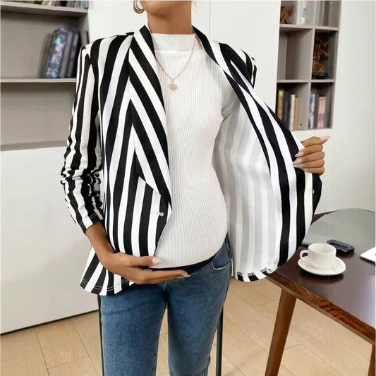 Women's lapel-striped single-button cardigan blazer in a tailored design