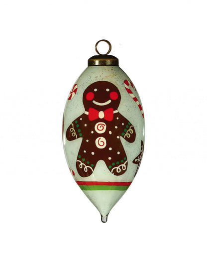 Hand-painted glass gingerbread man Christmas ornament with glitter, crafted by BACKUPMYFILESNOW® for festive holiday decor.
