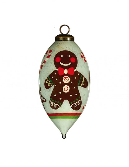 Hand-painted glass gingerbread man Christmas ornament with glitter details, festive holiday decor by BACKUPMYFILESNOW®.