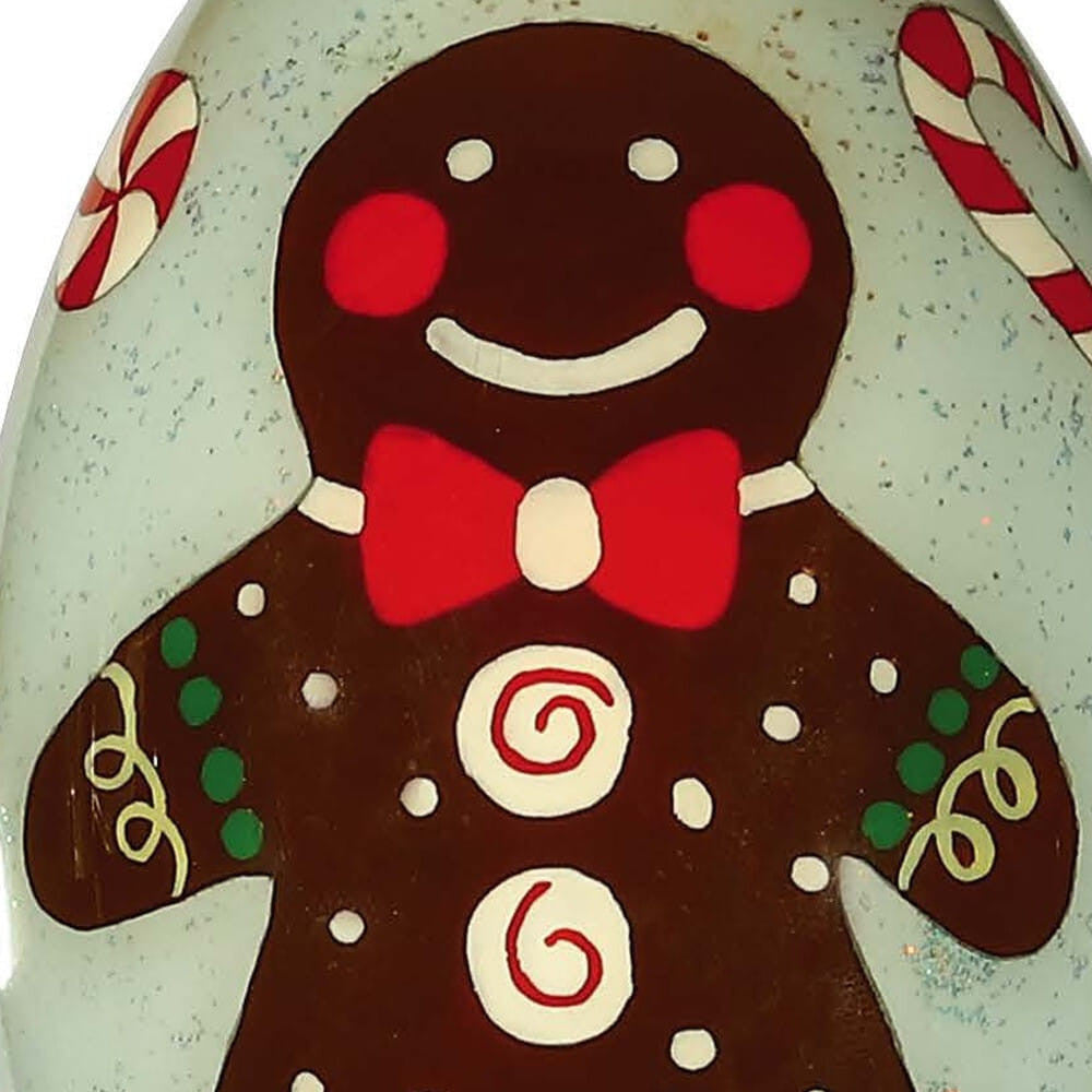 Colorful glass gingerbread man Christmas ornament with glitter, hand painted details, from BACKUPMYFILESNOW® festive holiday decoration