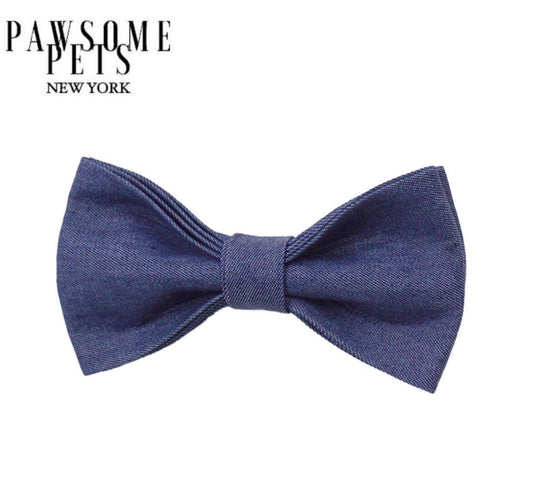 Blue jeans bowtie for dogs from PAWSOME PETS, stylish pet accessory with a denim look for canine fashion.