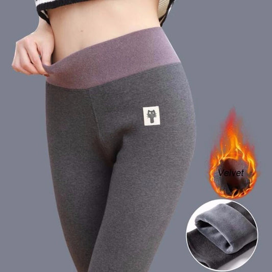 Women's cotton high-waist leggings with kitten patchwork, thick solid fabric, and soft stretch fit