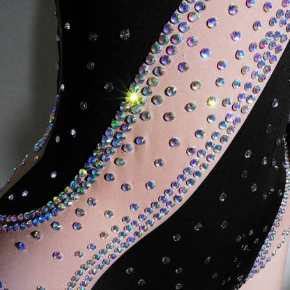 Women's rhinestone mesh patchwork jumpsuit with sparkling details and sheer panels