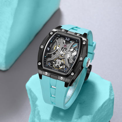 Barrel-shaped full skeleton automatic watch with stainless steel case by My Store