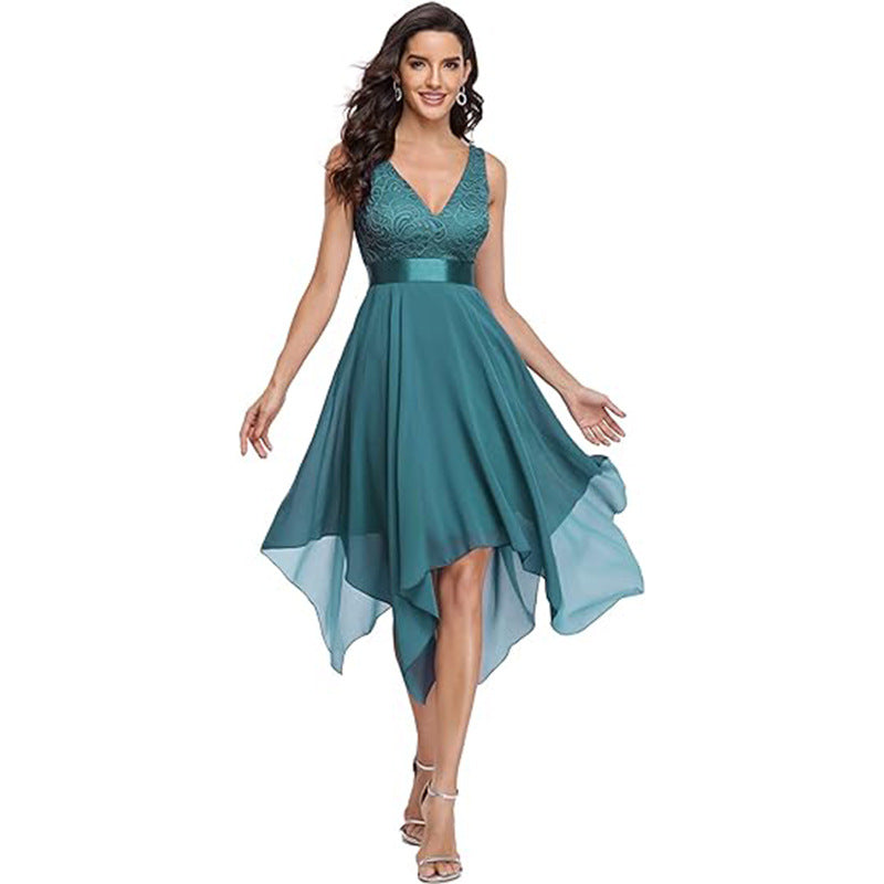 Women's lace chiffon cocktail ball gown with full skirt and elegant evening silhouette