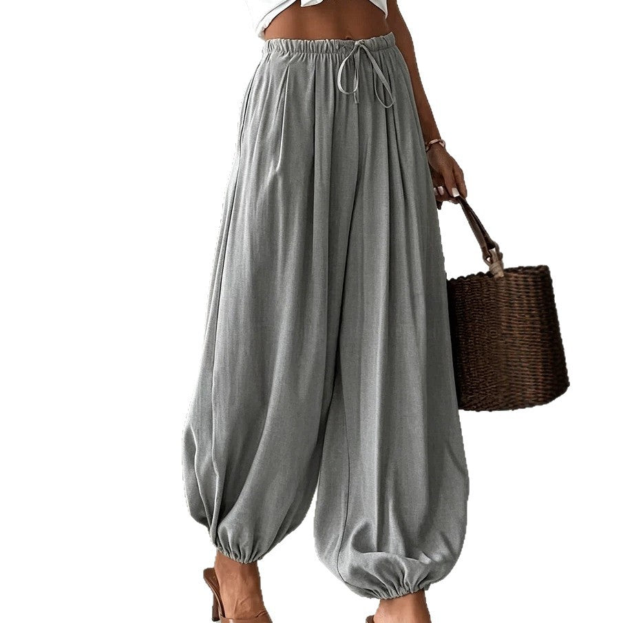 Women's summer loose drawstring wide-leg cropped harem pants with draped effect