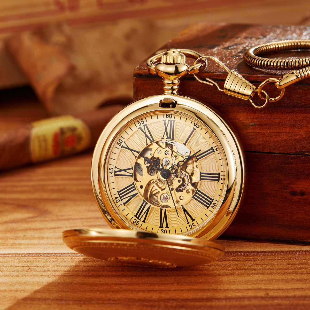 Fully automatic engraved flip-open pocket watch with visible watch face and ornate cover design