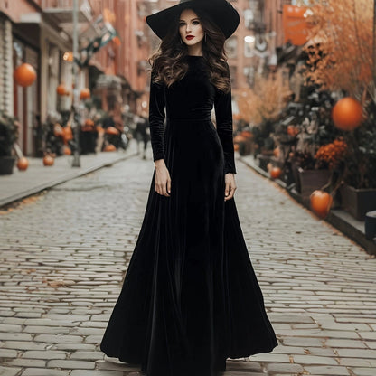 Women's Halloween long-sleeve long velvet dress in a full-length style