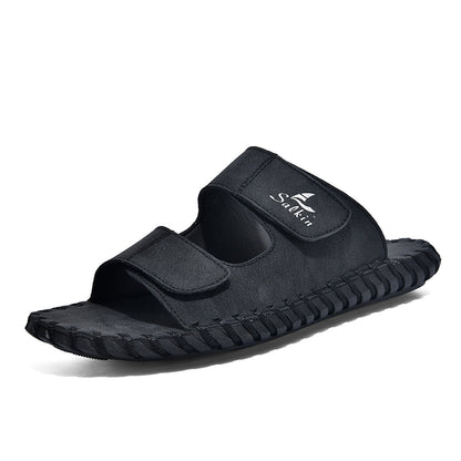 Men's casual outdoor leather slippers in a simple slip-on design by My Store