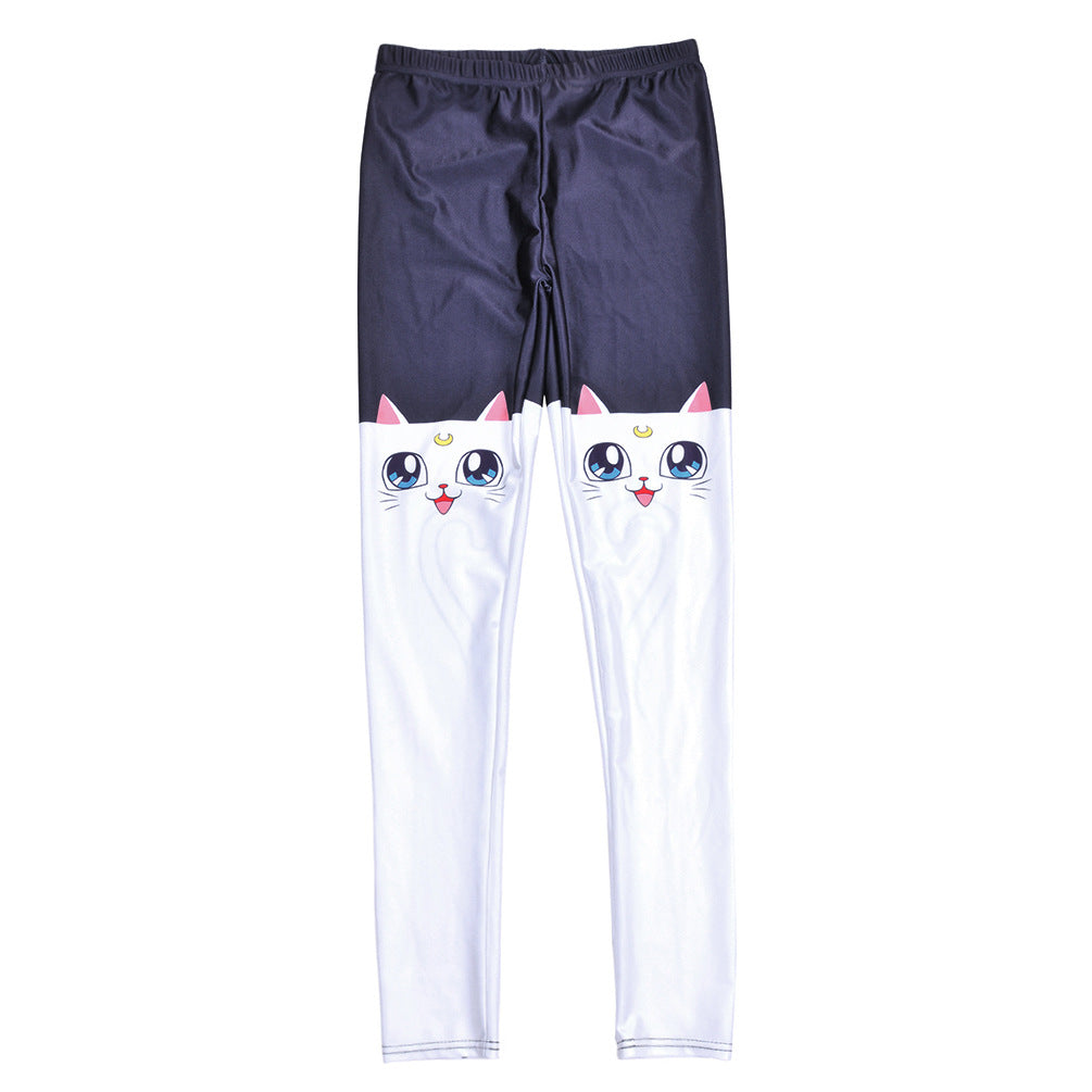 Women's fitness leggings with white cat print pattern
