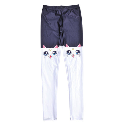 Women's fitness leggings with white cat print pattern