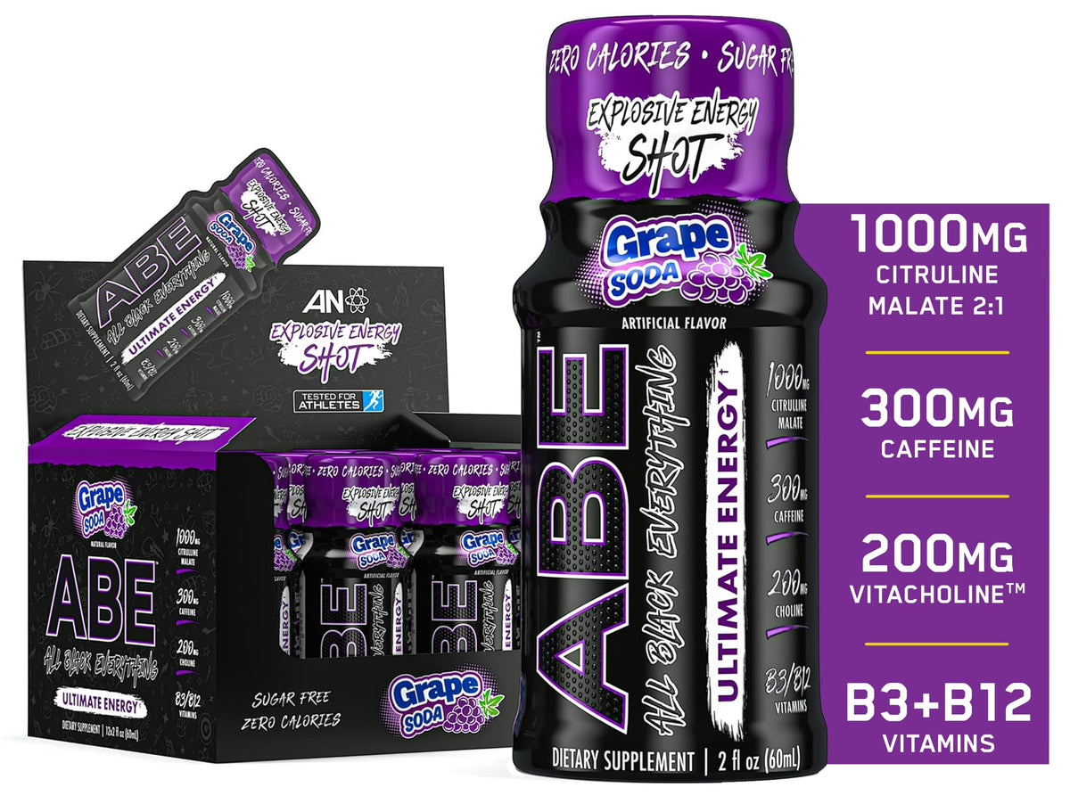 BackupMyFilesNow Black Boost Energy Shots, grape flavor, 12-pack with 300mg caffeine, zero sugar, in small bottles.