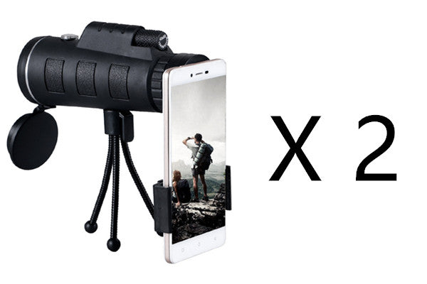 Apple-compatible monocular telescope zoom scope with compass, phone clip, and tripod