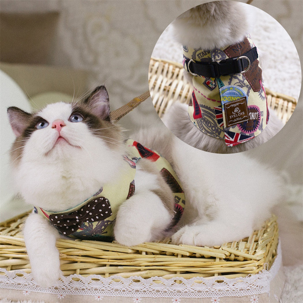 Rope cat traction chest strap set with bow, adjustable cat harness and leash in a simple design