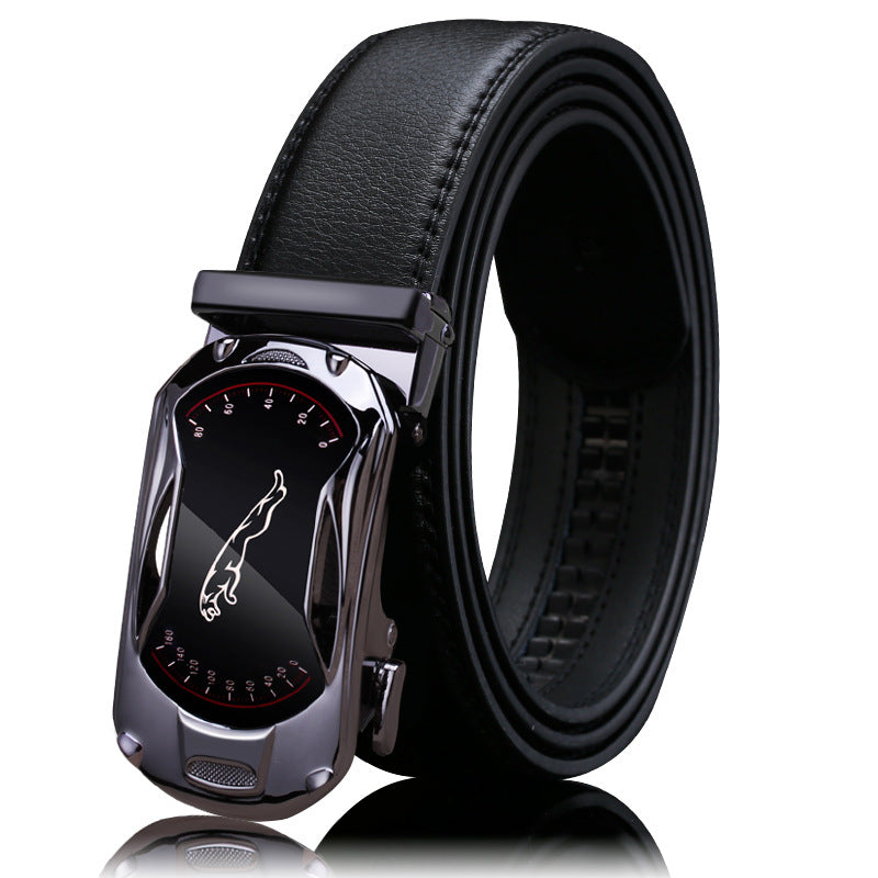 Men's genuine leather belt with automatic buckle, shown in close-up view