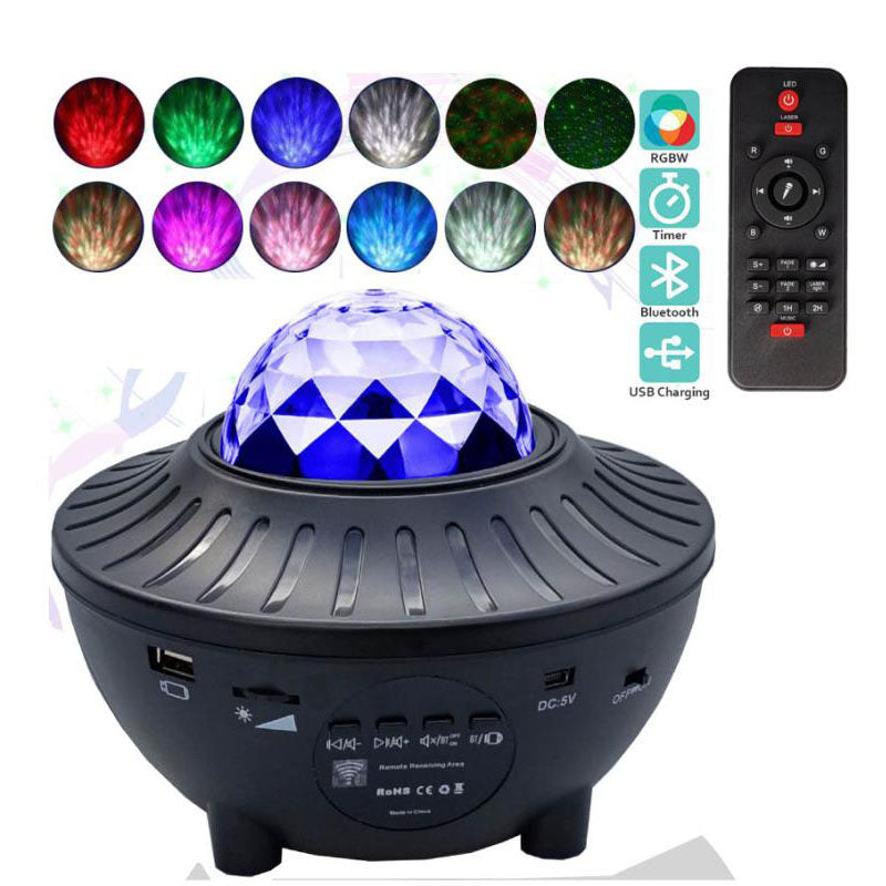 LED Bluetooth music projector light displaying colorful starry effects.