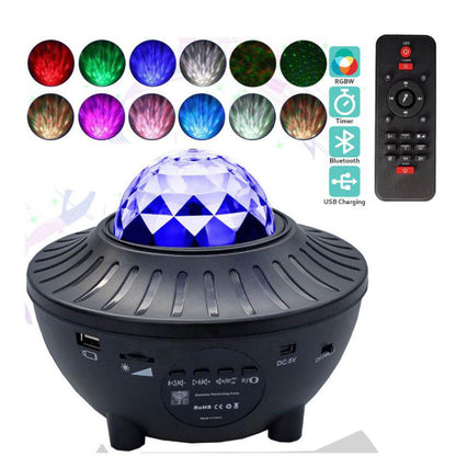 LED Bluetooth music projector light displaying colorful starry effects.