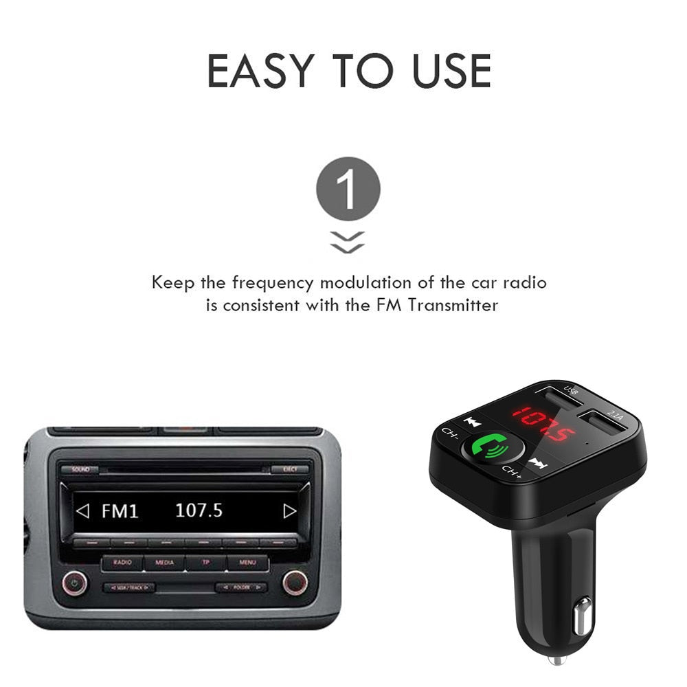 FM transmitter car charger receiver with digital display and USB charging port in black-compatible design