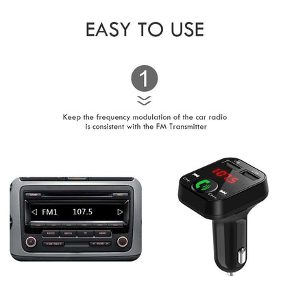 FM transmitter car charger receiver with digital display and USB charging port in black-compatible design