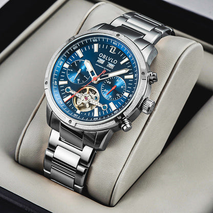 Men's multi-functional hollowed fashion watch with a skeleton dial and adjustable wrist strap