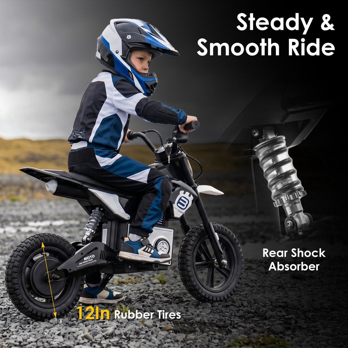 Kids riding a 24V electric motocross ride-on motorcycle for children ages 5-12, featuring a sporty design and vibrant colors.