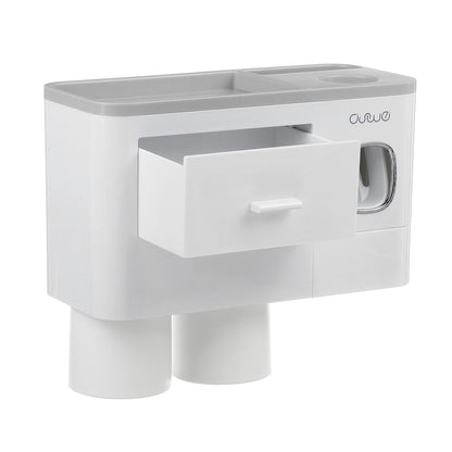 Hanging magnetic toothbrush holder with single drawer, toothpaste squeezer, and non-marking adhesive rack