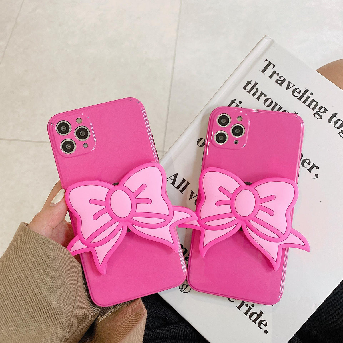 Korea Ins pink bow personality stand phone case with decorative bow design and built-in phone stand
