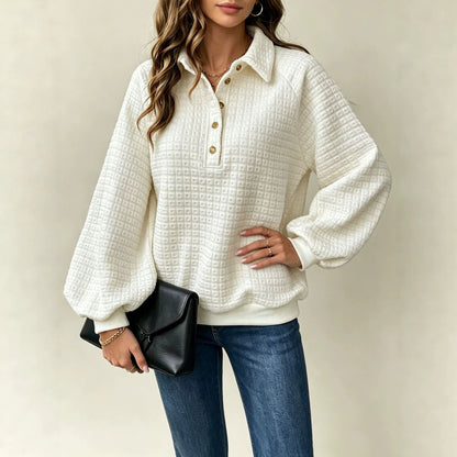 Women's textured pullover sweatshirt with turn-down collar by My Store