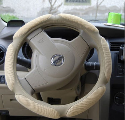 Black PU leather steering wheel cover with textured grip detail