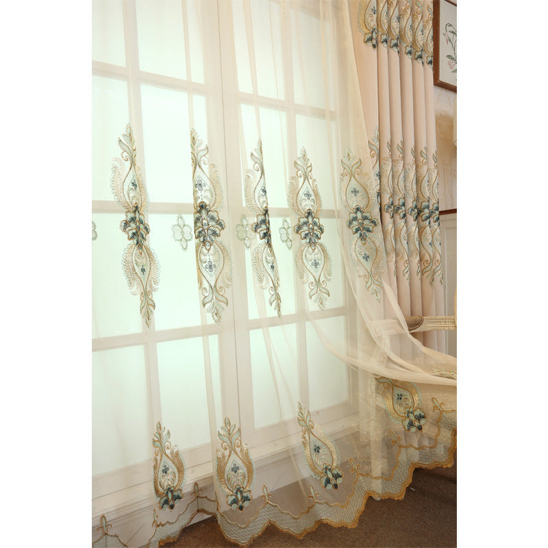 Slub cotton embroidery curtain fabric in a textured weave with detailed embroidered design