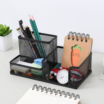 Creative metal four-grid pen holder for office organization, featuring multiple compartments for pens, pencils, and stationery.