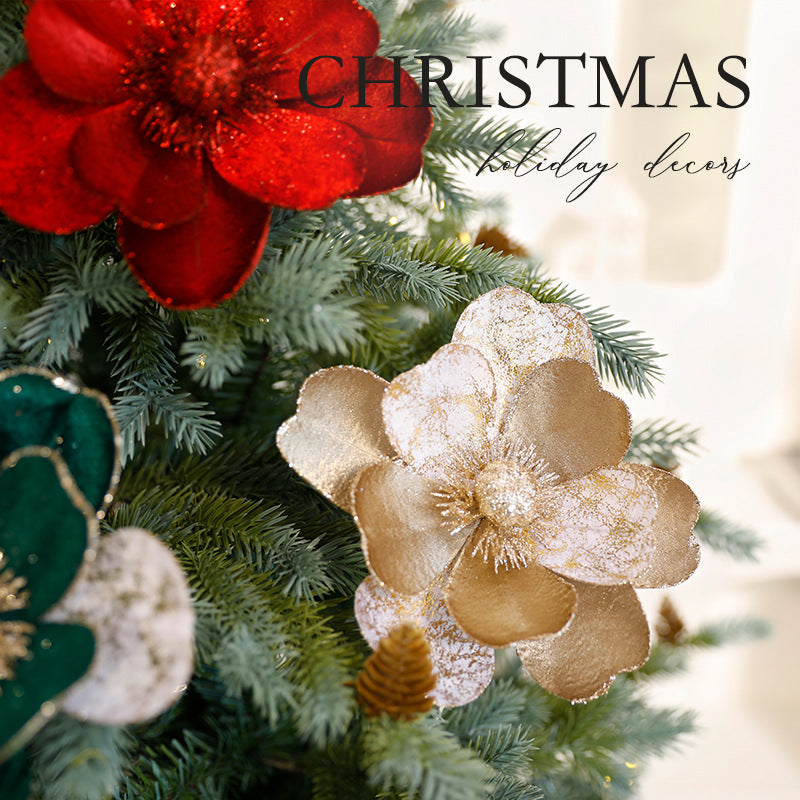 Christmas flower ornaments for tree decorations, featuring festive floral accents in red, green, and white