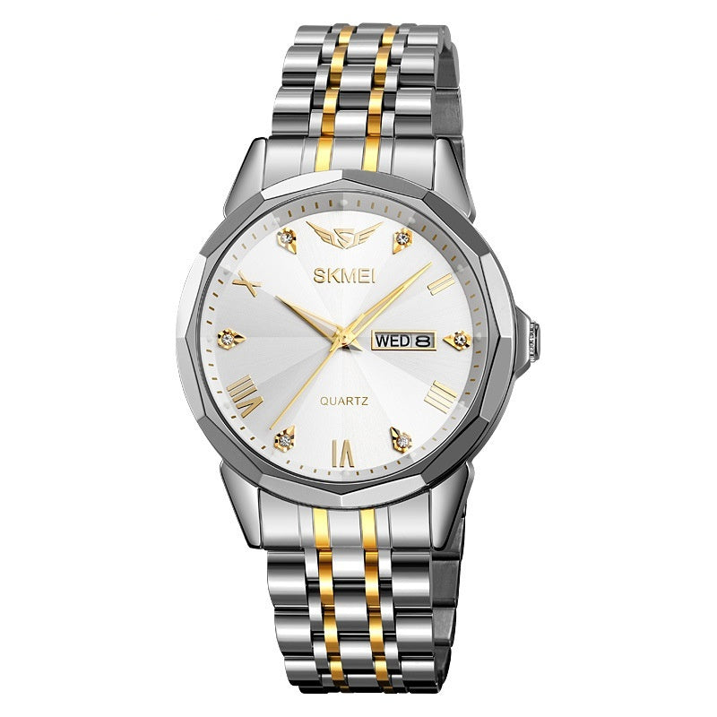 Solid steel band calendar casual waterproof watch in a business style.