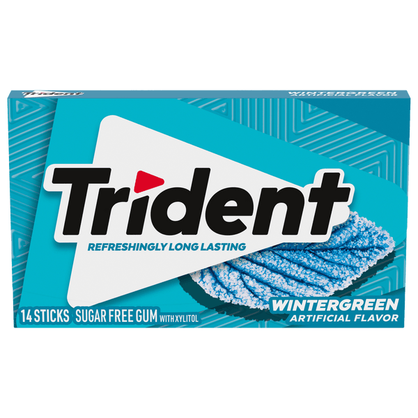 Sugar-free Trident Wintergreen gum by Pasteur Pharmacy, showing a pack of fresh mint-flavored candy gum.
