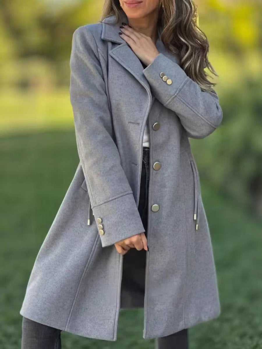 Women's solid-color mid-length wool coat with drawstring waist and pockets