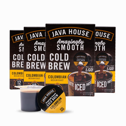 48 Java House Colombian Cold Brew Coffee Pods in a box, ready for brewing delicious iced coffee at home.