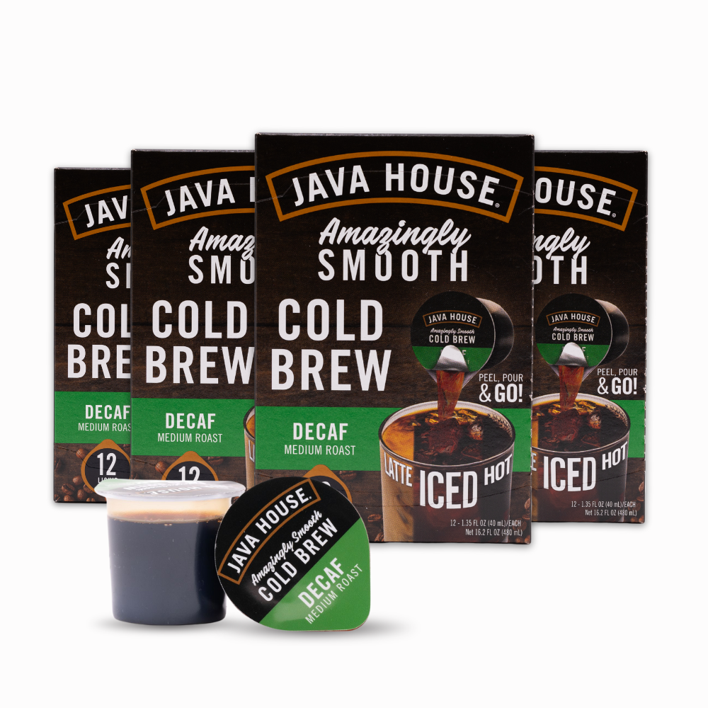 48 Java House Colombian cold brew coffee pods, decaffeinated, in a clear container showing the coffee pod packaging.