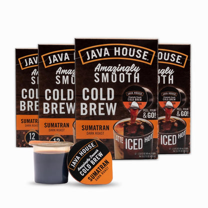 48 Java House Cold Brew Coffee Pods in Colombian flavor, showcasing dark roasted coffee pods for brewing cold brew at home.