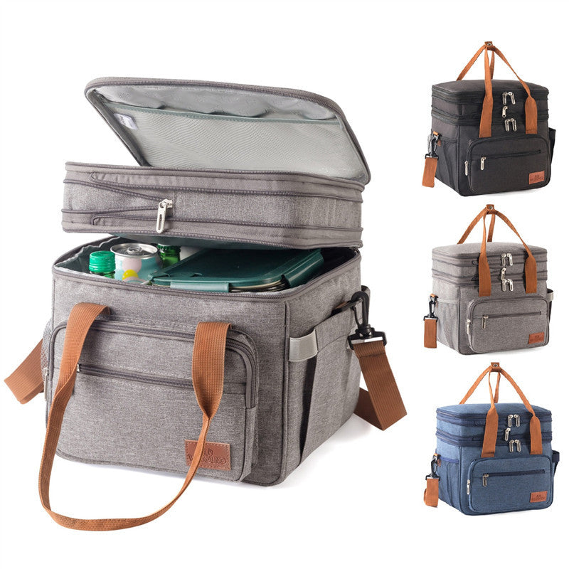 Double-layer high-capacity insulated lunch bag for picnics, shown with thermal lining and spacious compartments