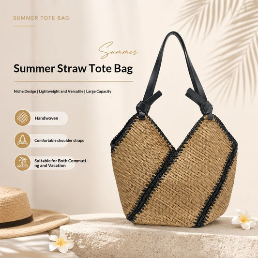 Striped straw handmade woven shoulder tote bag with large-capacity design