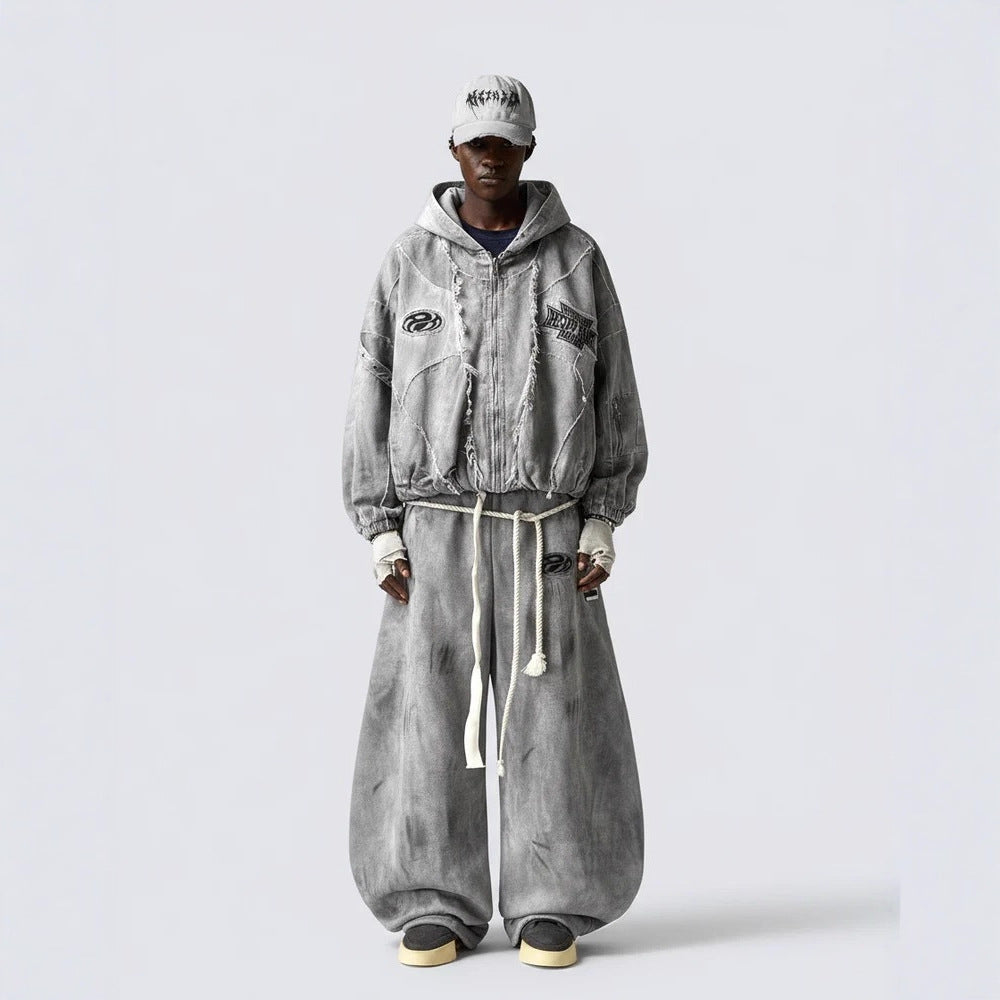 Mottled distressed casual all-match sweatpants with elastic waistband and relaxed fit