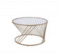 Round coffee table with champagne-tinted glass top, clear glass accents, and metal frame designed for modern living spaces.