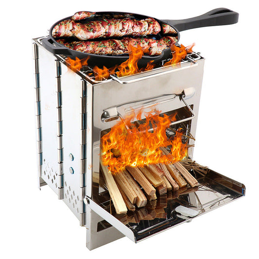 Lightweight adjustable folding wood stove for outdoor cooking, picnic, hunting, BBQ, and windproof camping use