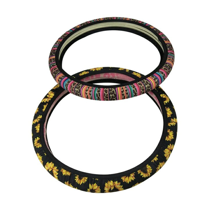 Neoprene car steering wheel cover with girl design, close-up view