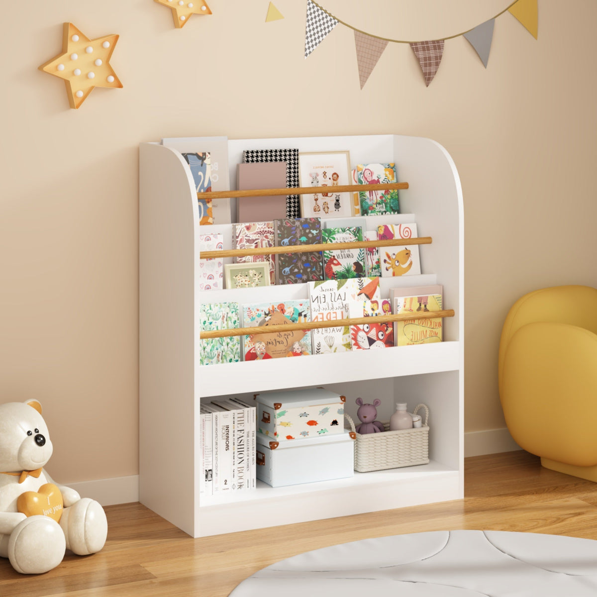 Kids bookshelf by GBruno Store with three-tier front-facing display and toy storage, featuring colorful shelves for children's room.